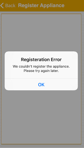 Mobile or tablet screen showing error during registering a unit