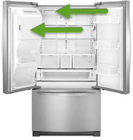 If bin is on door, ice maker is located in the upper left corner of the refrigerator compartment and the ice bin is located on the door. 