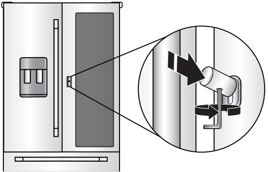 Align the knob assembly with the lever at the middle of the door. Fully engage the knob assembly onto the lever. While holding the knob assembly, insert the short end of the 3/32" hex key into the hole and slightly rotate the hex key until the key is engaged in the setscrew. Using a clockwise motion, tighten the setscrew just until the setscrew begins to contact the lever. Fully tighten.