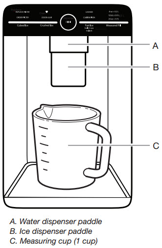 Place a sturdy measuring cup (1-cup [237 mL] size) on the dispenser tray centered in front of the ice/water dispenser paddle. Touch and hold the MEASURED FILL button for 3 seconds. The Calibration and Measured Fill icons will illuminate and remain lit while the Measured Fill feature is being calibrated. Press and hold the water dispenser paddle, as needed, to dispense water to the 1-cup fill line in the measuring cup. When 1 cup of water has been correctly dispensed into the measuring cup, touch the center of the ring button to confirm the calibration. When Measured Fill calibration has been confirmed, the Calibration icon will disappear and the display will return to the home screen.